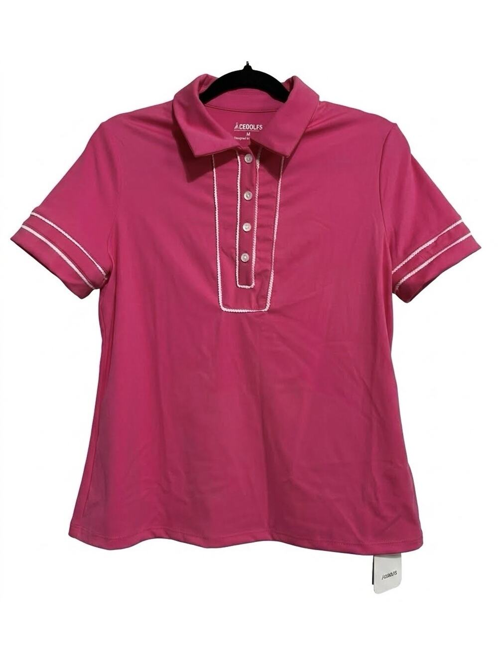 ACEGOLFS Women’s Large Pink Golf Polo Shirt Short Sleeve White Ric-Rac Trim NWT